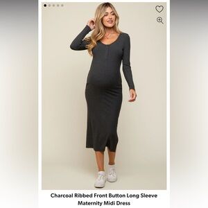 PinkBlush Charcoal Ribbed Front Button Long Sleeve Maternity Midi Dress - Medium